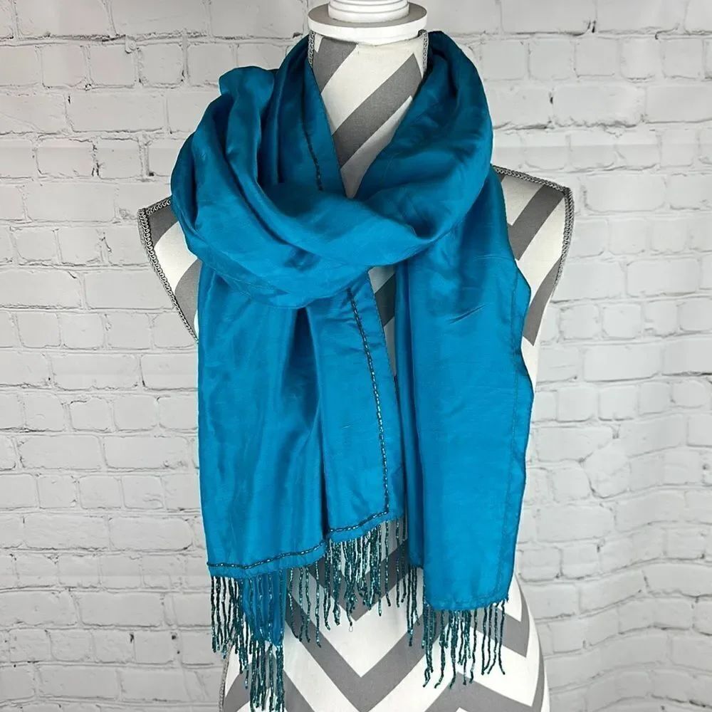 Blue Satin Scarf with Beaded Edges